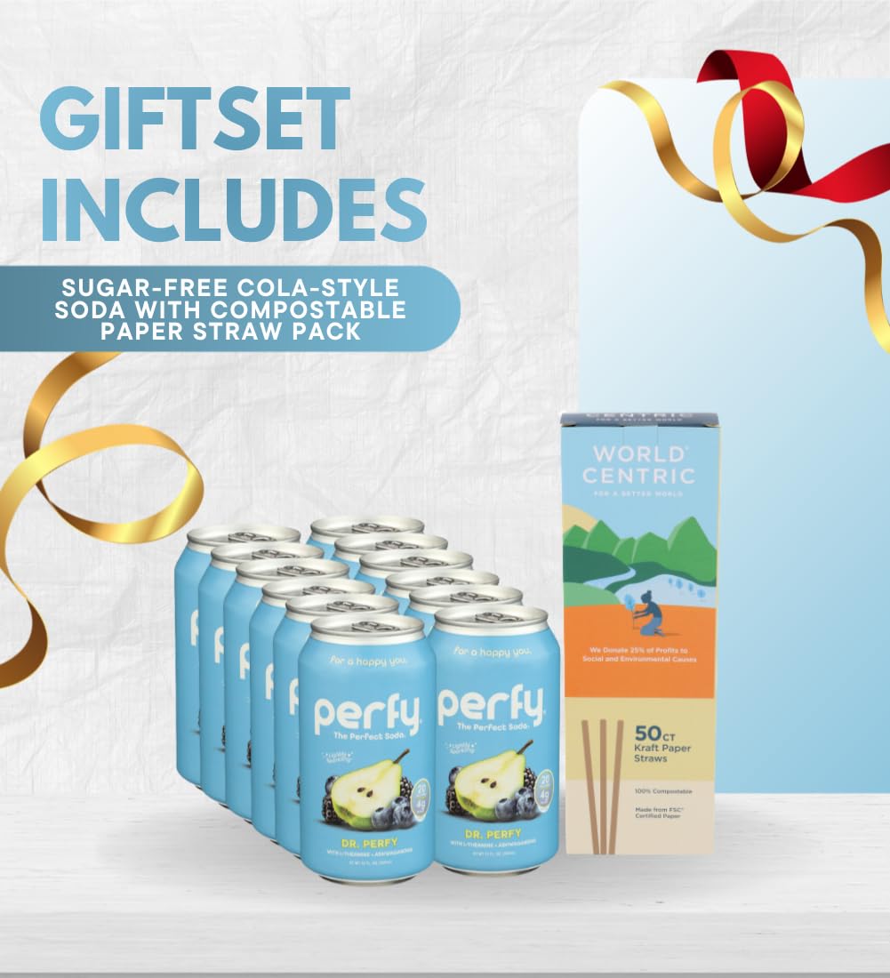 12x Soda SF Dr Perfy 12floz Bundle with 50pc Paper Straws — Refreshing Beverage with Smooth Flavor and Convenient Sipping — Gift Set (13 Items)