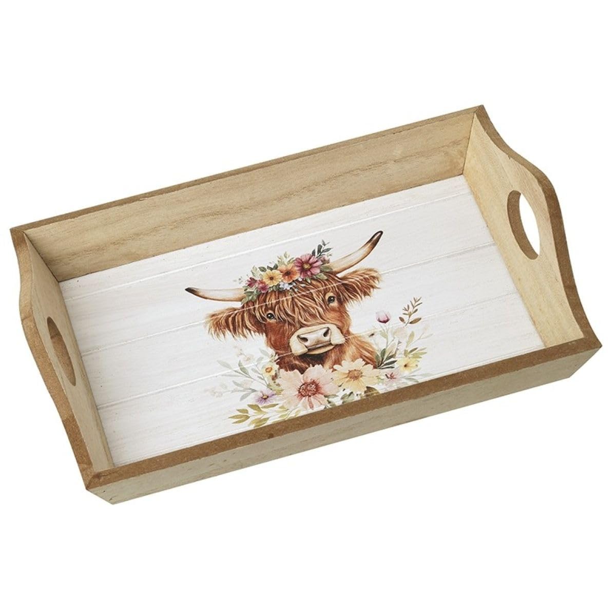 Heaven Sends Multicolor Highland Cow Wooden Serving Tray, Floral Farmhouse Display Tray With Handles, Rustic Country Home Gift