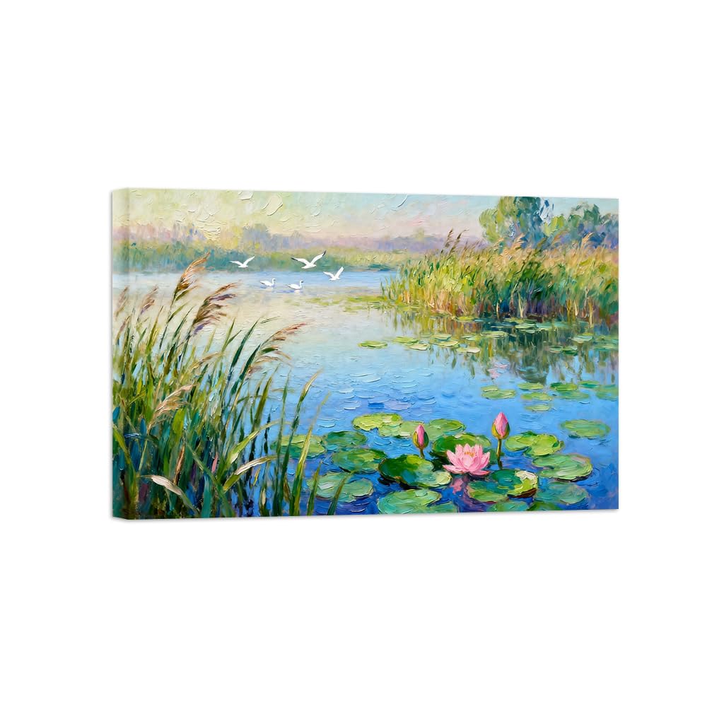 Ozpwbvy Wrapped Canvas Lake Lotus Landscape Canvas Wall Art Picture 80X120cm Framed