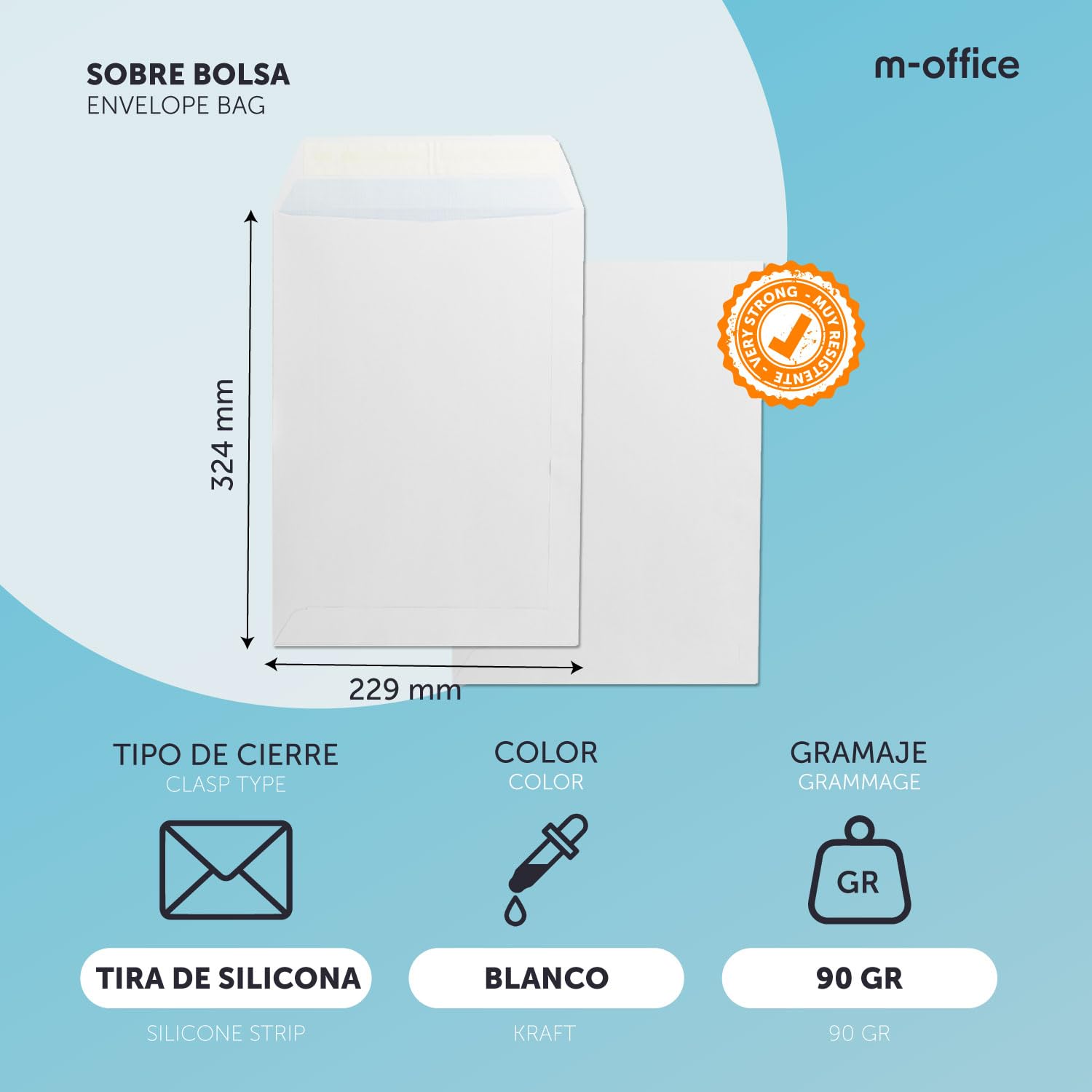 Sobre de Papel Blanco DIN 229 x 324 mm con Cierre Tira de Silicona para Documentos, Envíos o Almacenaje · m-office (50 uds, 229x324mm)