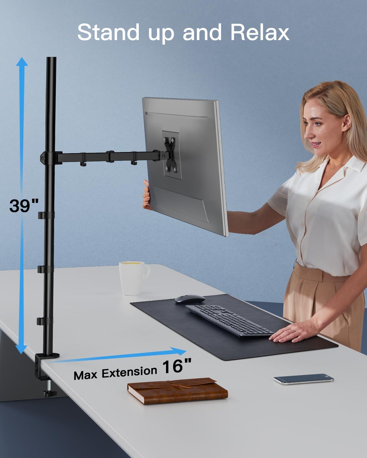 HUANUO Brazo de monitor individual con poste extra alto de 39 pulgadas, soporte de escritorio ajustable para computadora para pantallas de 13 a 32 pulgadas y pantallas ultraanchas de hasta 38 pulgadas