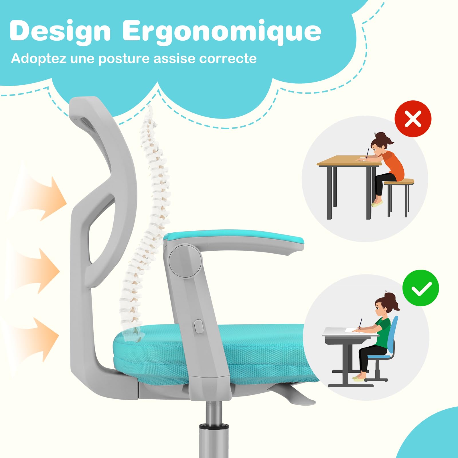 COSTWAY Chaise Bureau Enfant Pivotante avec Hauteur Réglable, Fauteuil Bureau Enfant avec Accoudoirs & Repose-Pieds Réglables, Dossier Ergonomique, Coussin Amovible, Charge 150 kg，3-15 Ans (Vert)