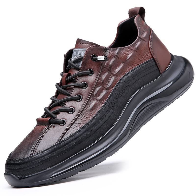 GHIBHNA Men's Crocodile Print Leather Sneakers Soft Leather Comfortable Lace up Running Shoes Non-Slip Fashion Casual Air-Cushioned Sneakers
