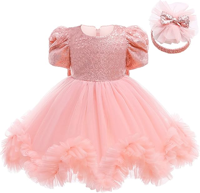 Aiihoo Toddler Flower Girl Dress Baby Girls Evening Party Shiny Sequin Princess Formal Gown with Big Bow