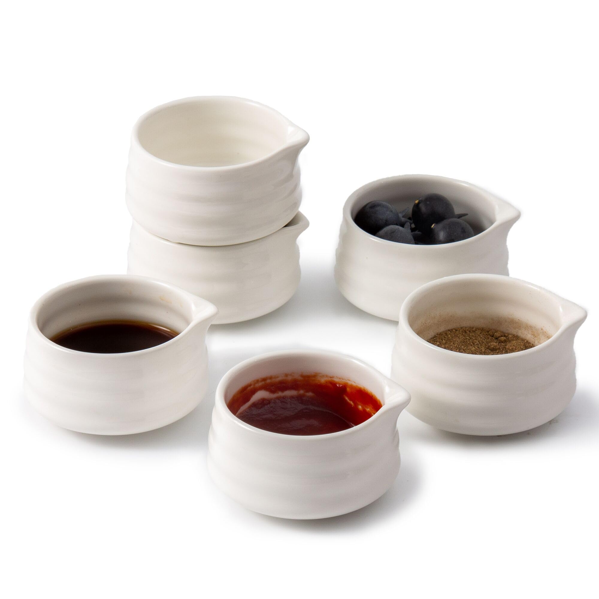 YumiPLUS 6pcs Ceramic Dipping Bowl with Spout, 3OZ Porcelain Ramekins, Small Condiment Dish, Cute Pinch Bowl Set, Sauce Dish for Sushi/Ketchup/BBQ,
