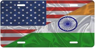 America and India Indian Triangle Flag License Plate for Men Women Personalized Decorative Car Front Back Cover Novelty Funny Metal Aluminum Holder Protector 6x12 inch 4 Holes