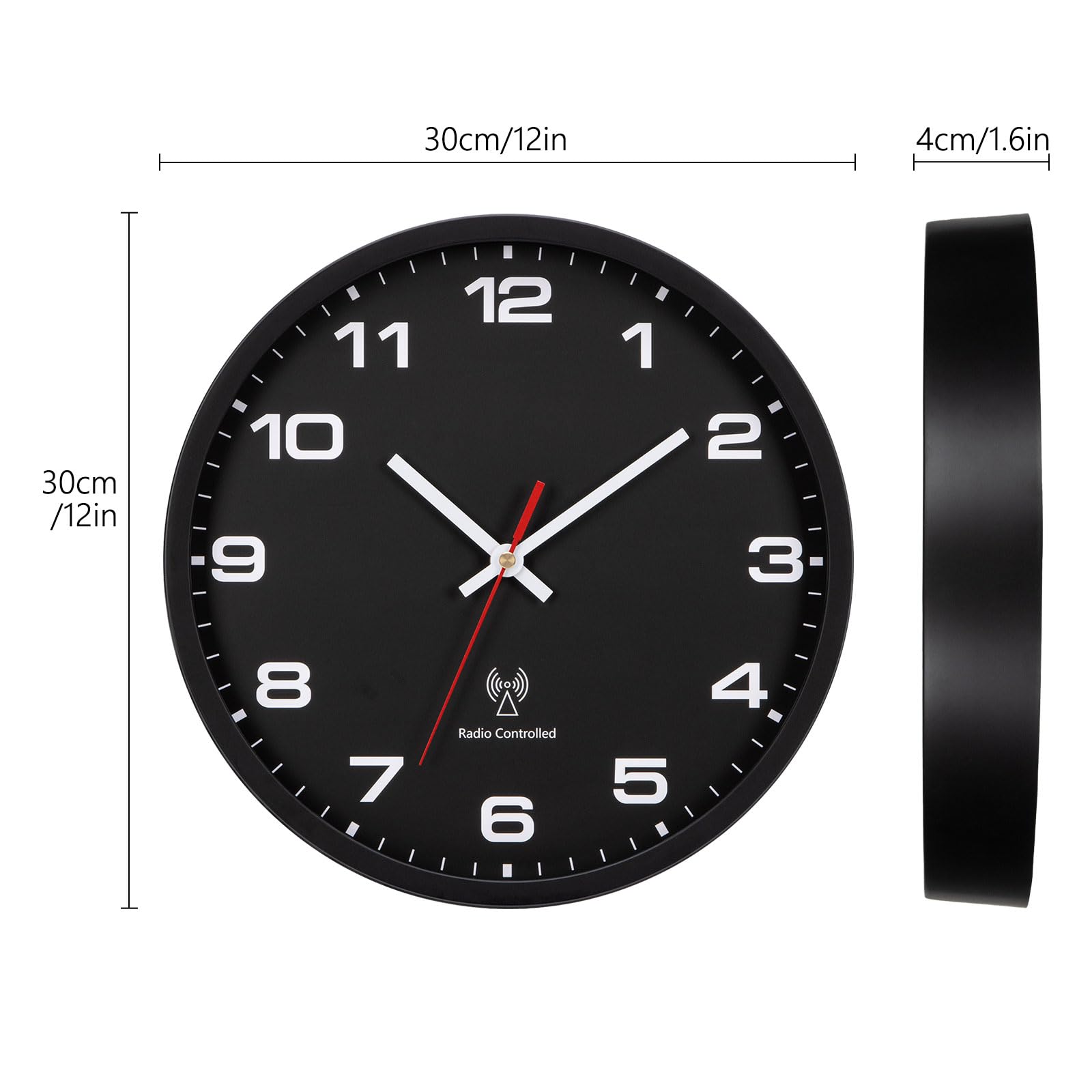 NESIFEE 30 cm, radiografische klok, radiogestuurde wandklok, stil, stil sweep-uurwerk, digitale grote wandklok voor woonkamer en slaapkamer