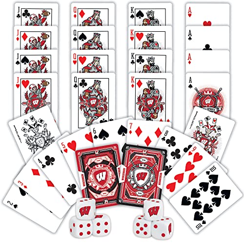 Image of MasterPieces NCAA Wisconsin Badgers Playing Cards and Dice Set, Officially Licensed Collegiate Game Night Collection, Two Poker Size Decks with Custom Artwork, Six Dice, Wisconsin Badgers Fan Gift