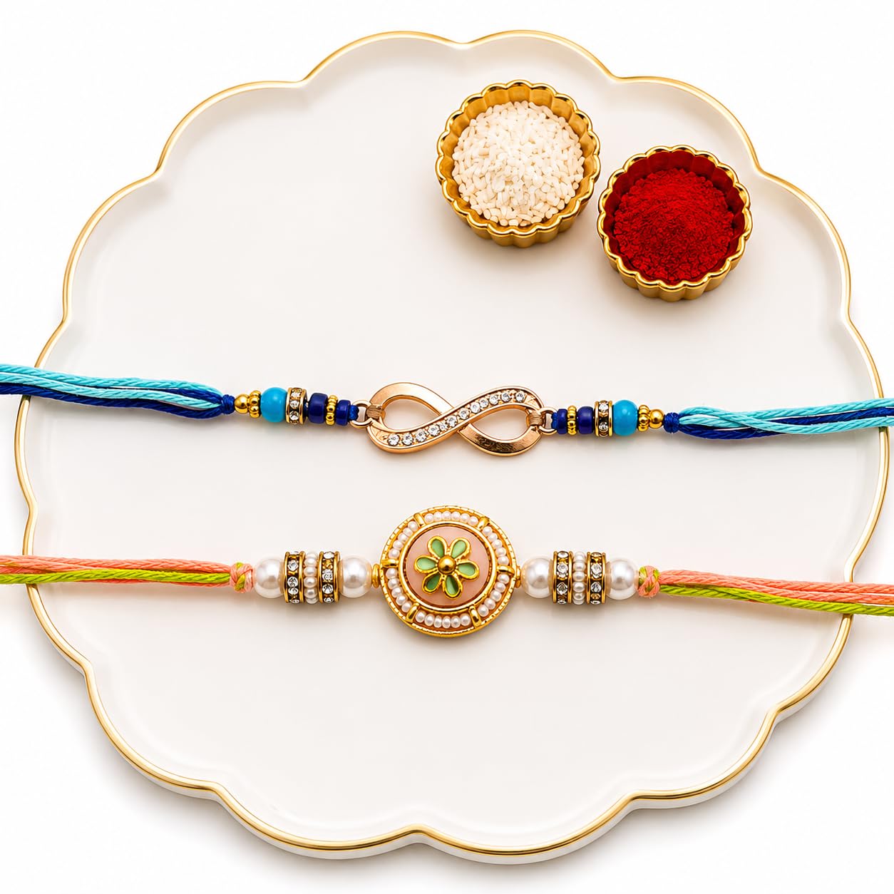 Sparkle Wings Rakhi for Brother Set of 2 with Roli Chawal | Designer Kundan, Rudraksha, Om, Krishna and Meenakari Rakhi Combo for Bhaiya | Raksha Bandhan Gift (Anant Symbol & Floral Moti)-image-2