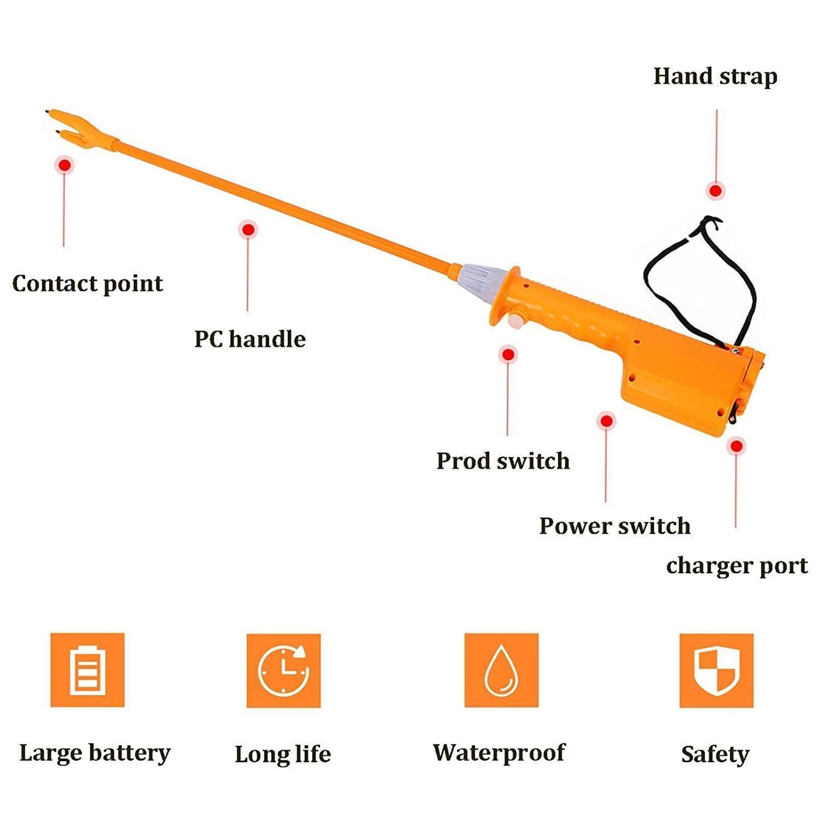 YIPONYT Animal Electric Prod Hot Shock, Waterproof Cattle Prod Stick Electric Rechargeable Hand Prod Shock Animals Livestock Farm Pig Cattle Prod Safety Shock Prodder with Battery