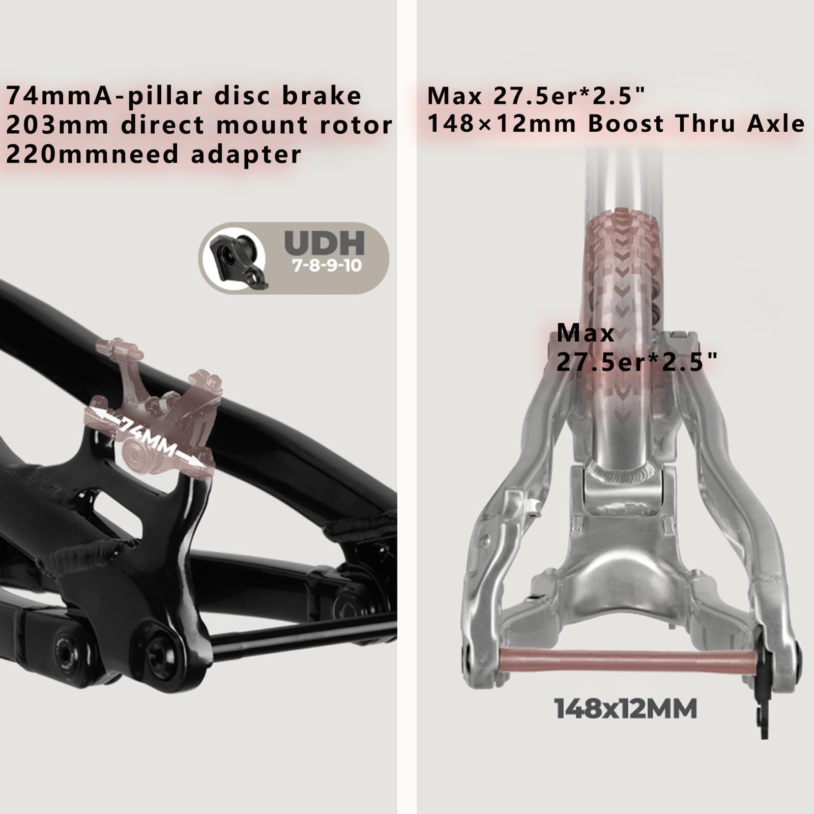 Rama do roweru górskiego, 27,5 DH Full Suspension, S/m, stop aluminium, hamulec tarczowy, oś wtykowa, 12 x 148 mm, Boost wewnętrzna prowadnica pociągu (czarno-czerwona, M)