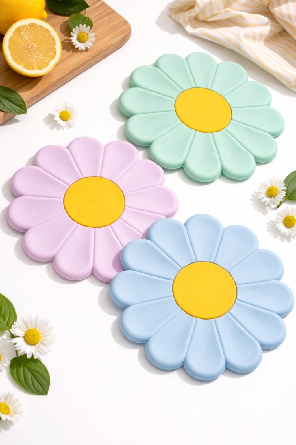 Silicone Daisy Flower Trivet Mat, Heat Resistant, Non-Slip, Corrosion Resistant, Multicolour, Set of 3-image-23