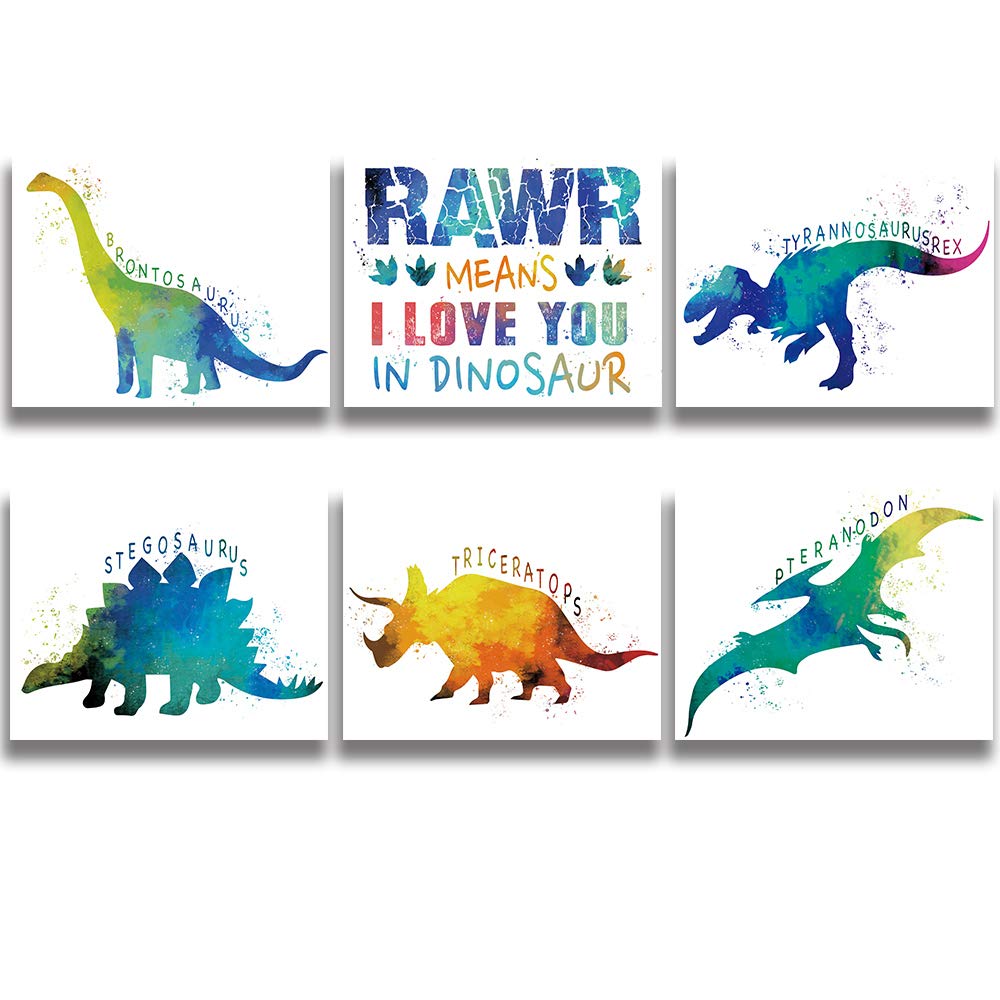 Roaring Dinosaur Bedroom Cool Watercolor Art Prints Set of 6 (8”X10”), lovely Roar Name Word Wall Art Poster for Nursery, Boys, Son, Kids Room Home Decor, No Frame (RAWR I LOVE YOU)