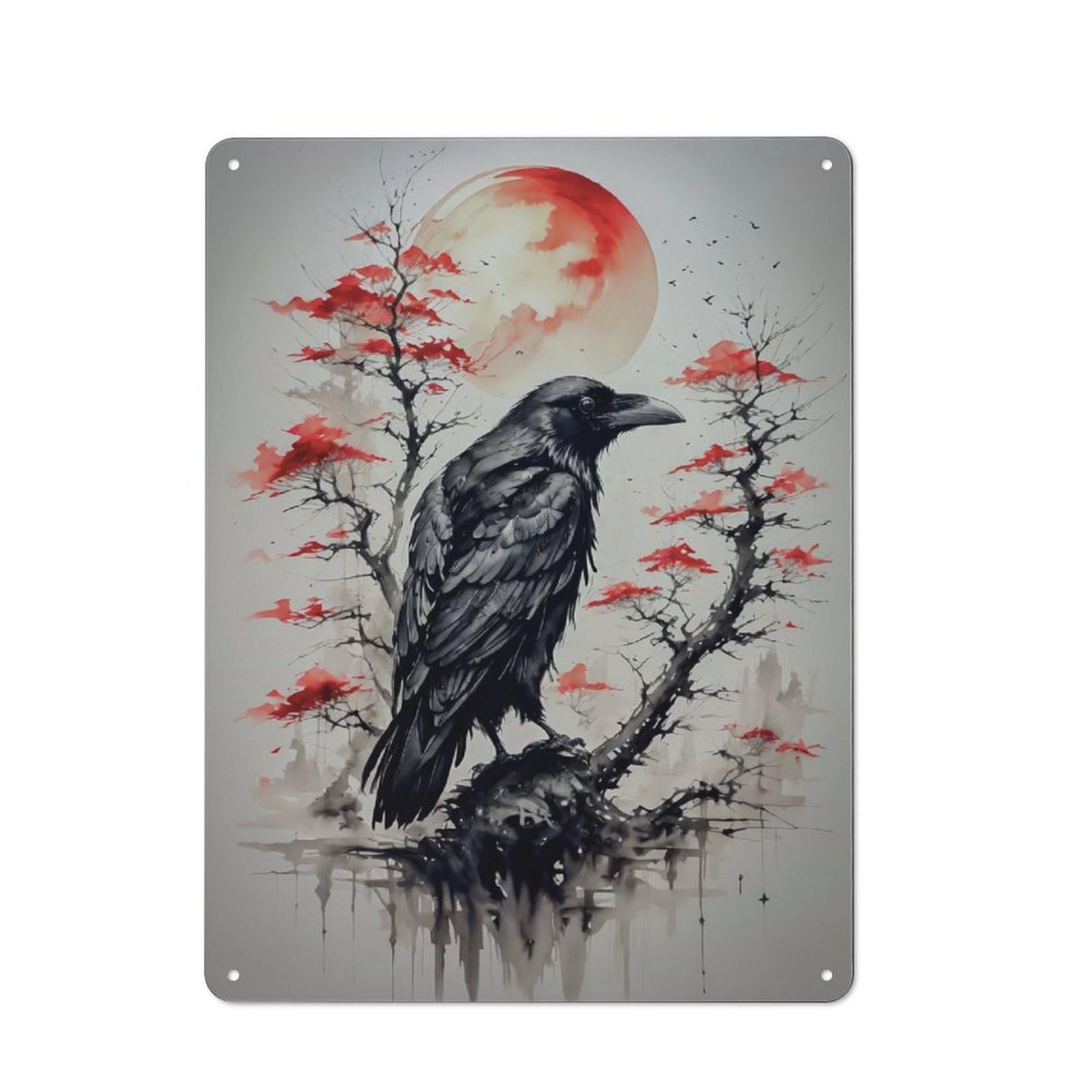 Junmoney Red Moon Japan Raven Retro Tin Sign 40X30cm For Lounge Or Reading Corner, For Home Wall Decor Collectors