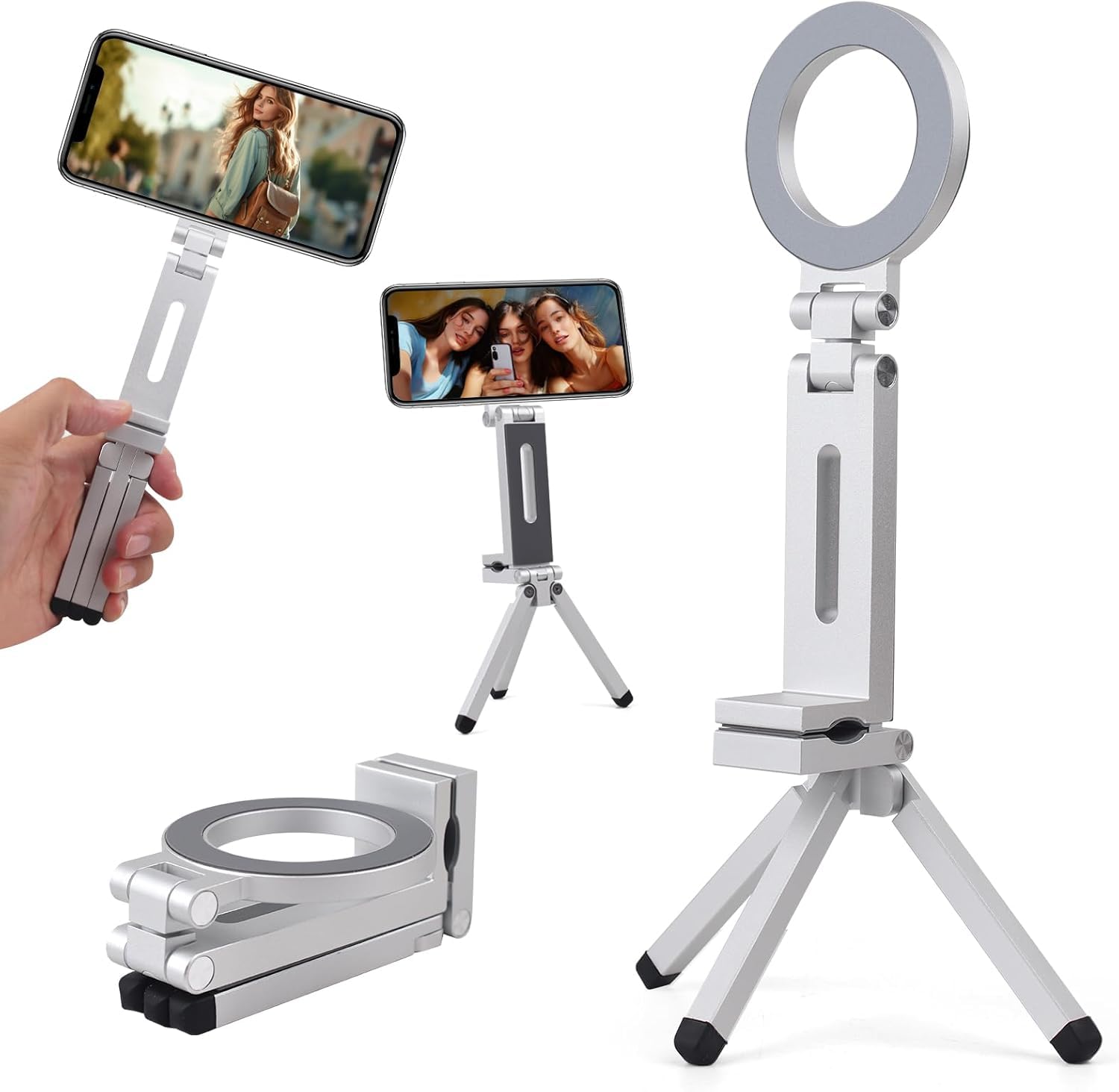 Luteti Selfie Stick Tripod for iPhone 16/15 Pro Max - Magnetic 360° Foldable Phone Stand Compatible with MagSafe Clip, Aluminum Alloy Mini Holder & 1/4" Screw for Camera Mount (Silver)-image-17