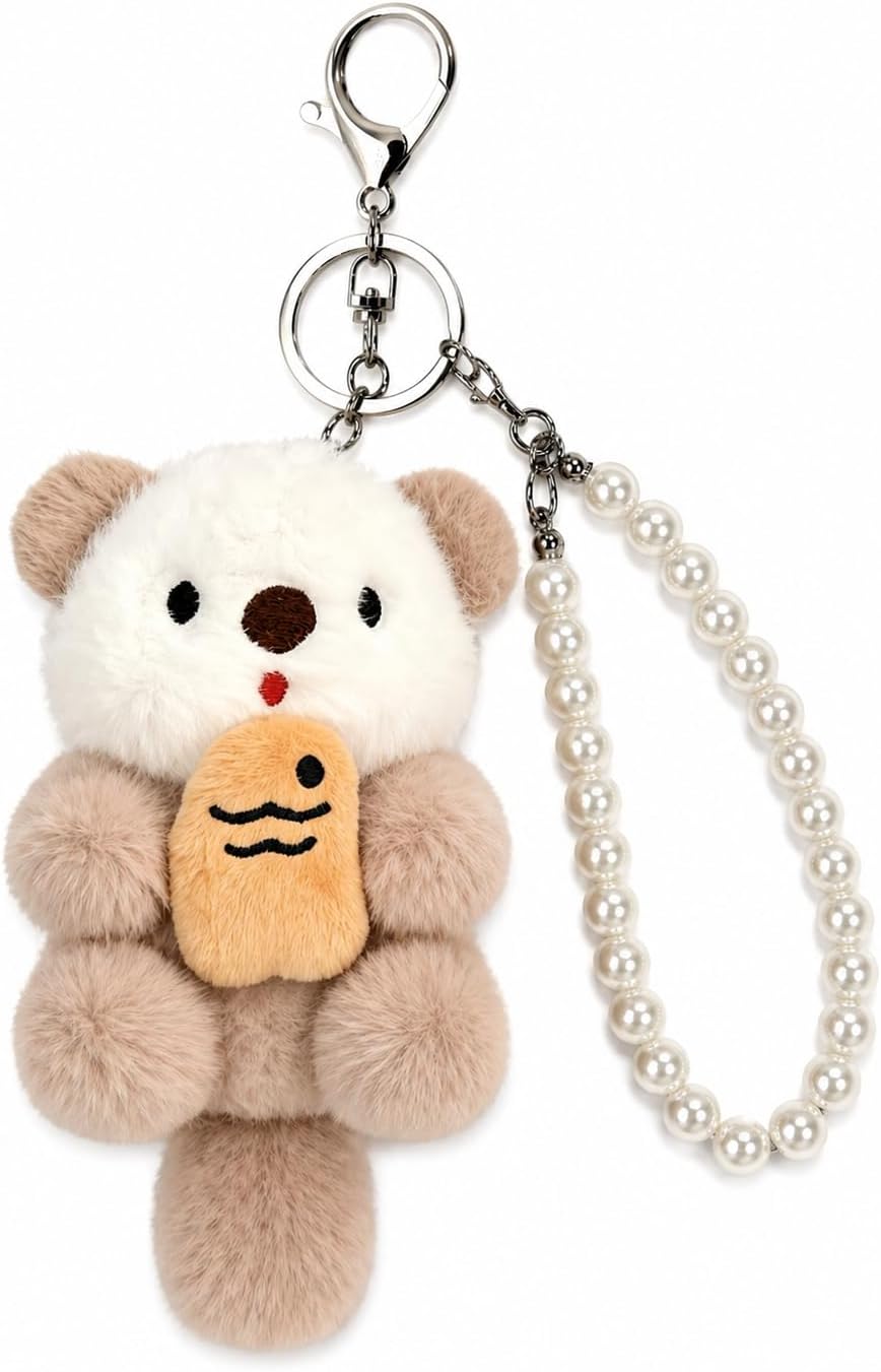 Plush Keychain Bag Charm with Pearl Accent for Handbags & Purses, Cute Backpack Charm for Keys, Gift for Women