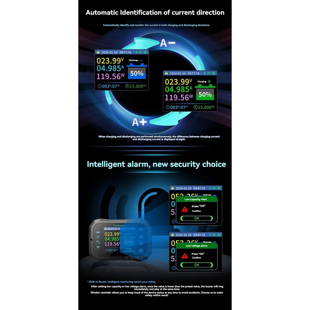 Cwmiibili WiFi Coulomb Meter RV Battery Monitor Battery Capacity Indicator Tester Power Volt-Ammeter for All Batteries A