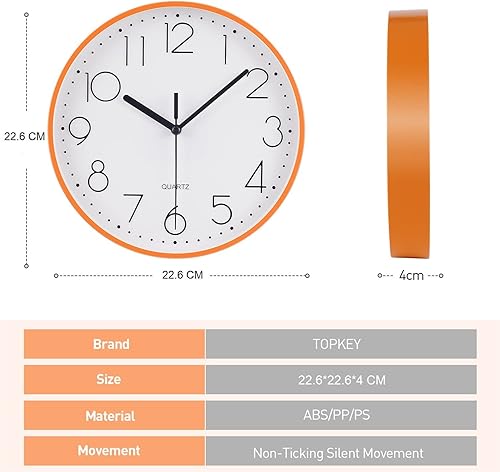 Miniatura 5 de Topkey Reloj de pared redondo silencioso de 9 pulgadas, números arábigos, fácil de leer, para sala de estar, dormitorio, escuela y guardería