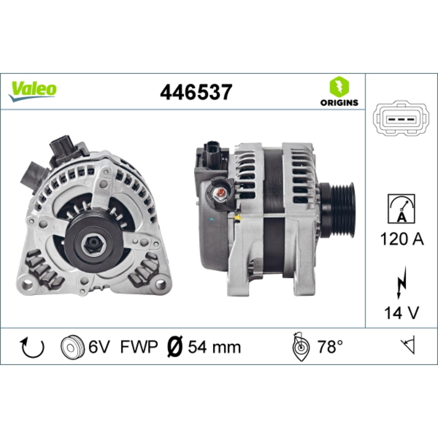 Valeo Alternator 446537-120 Amp - 6 Rowki - 14 V