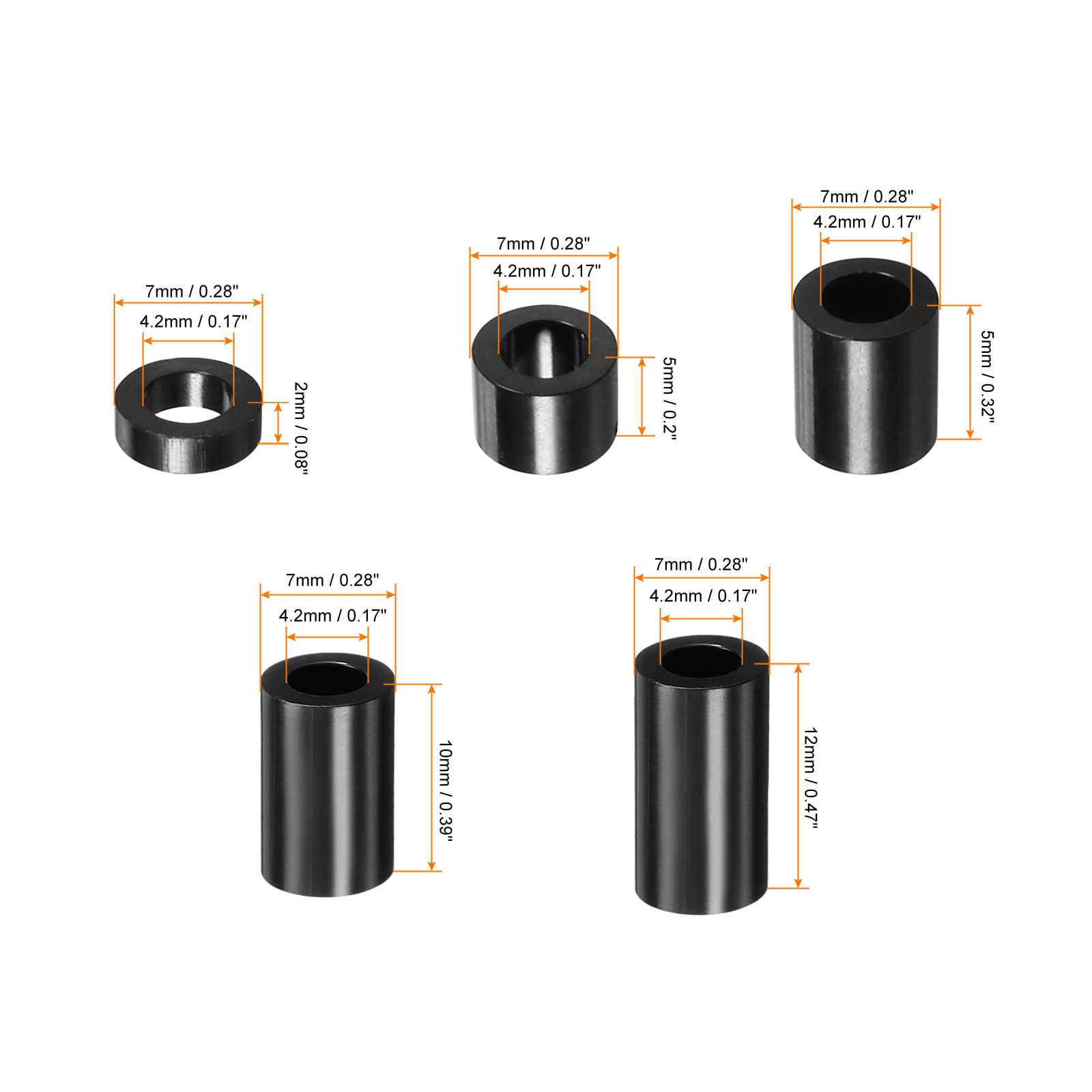 300Pcs Nylon Spacer Washers - 4.2mm ID 7mm OD 12mm Height, For M4 Screws, Black