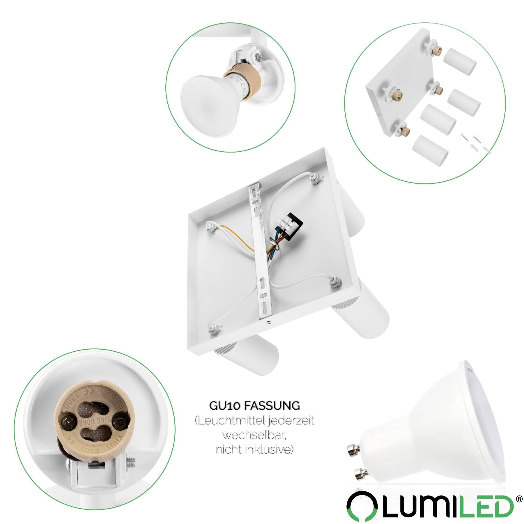 Lumiled Plafonnier à 4 spots pour plafond, plafonnier, plafonnier, orientable, pivotant, blanc, rond, 4 douilles GU10, 230 V