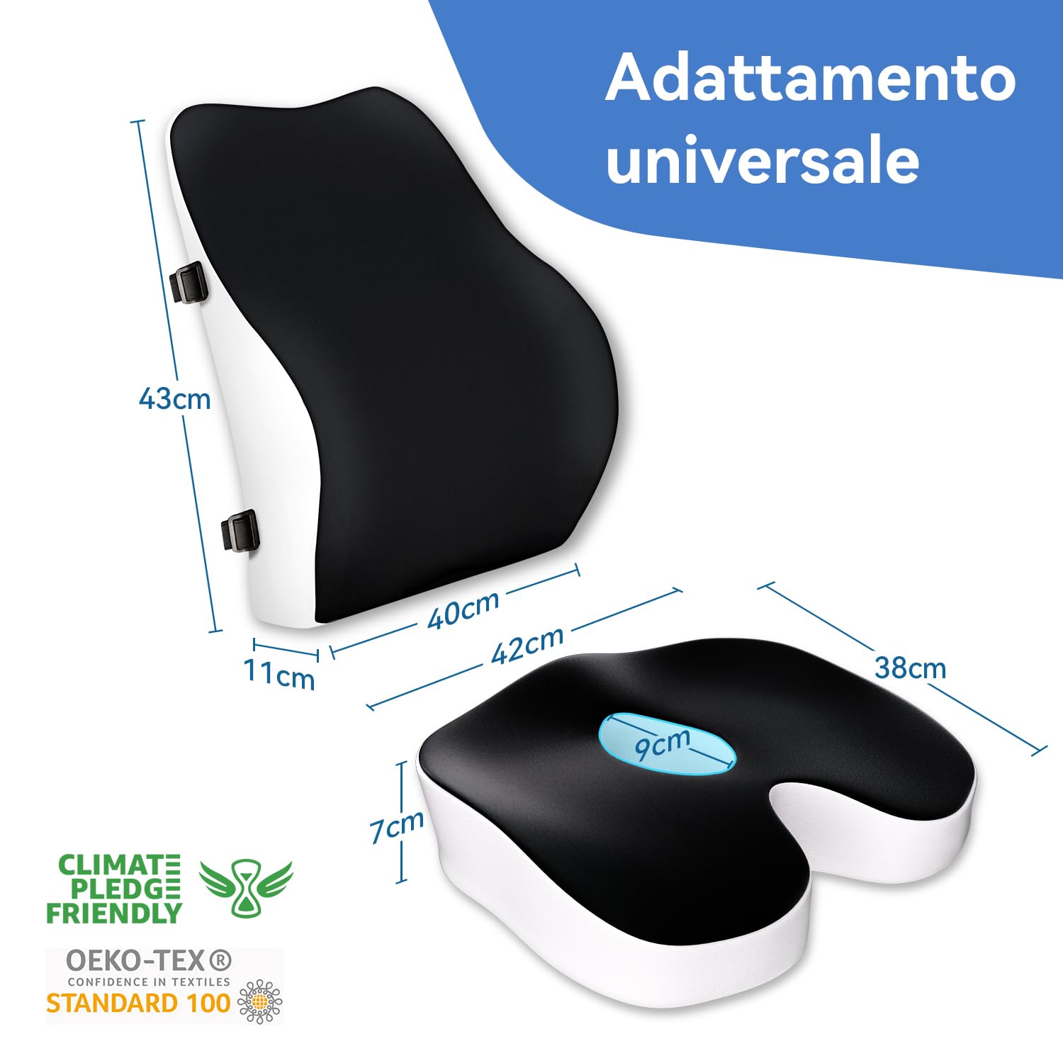 Travel Ease Set Cuscino per Sedia in Schiuma di Memoria e Supporto Lombare, Comfort Ergonomico per Sedia da Ufficio, Sedile Auto, Uso Domestico e Viaggi, Supporto per Schiena e Glutei, Nero