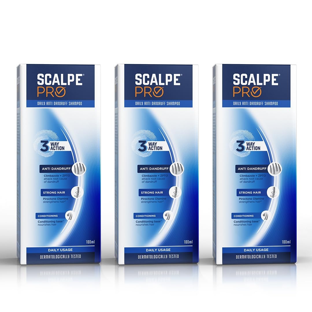 Scalpe Pro Daily Anti-Dandruff Shampoo | Removes Dandruff from Source | Helps with Itching, Irritation & Redness accompanying Dandruff | Scalpe Science | Climbazole & ZPTO Formulation | Strong & Smooth Hair | Daily Use | Dermatologically Tested Solution | For Women & Men | 100ml | Pack of 3