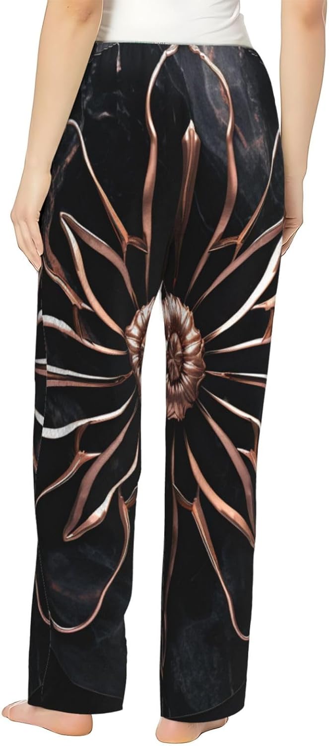 Black Rose Gold Marble Print Fashion Cozy Womens Flannel Pajama Pants,Perfect For Christmas And Everyday Wear