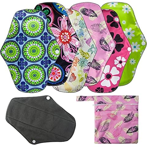 ZCOINS 6PCS Women Washable Hygiene Sanitary Pads for Day and Medium Flow, Reusable Menstrual Towel Bamboo Cloth (26 x 18cm) Cover