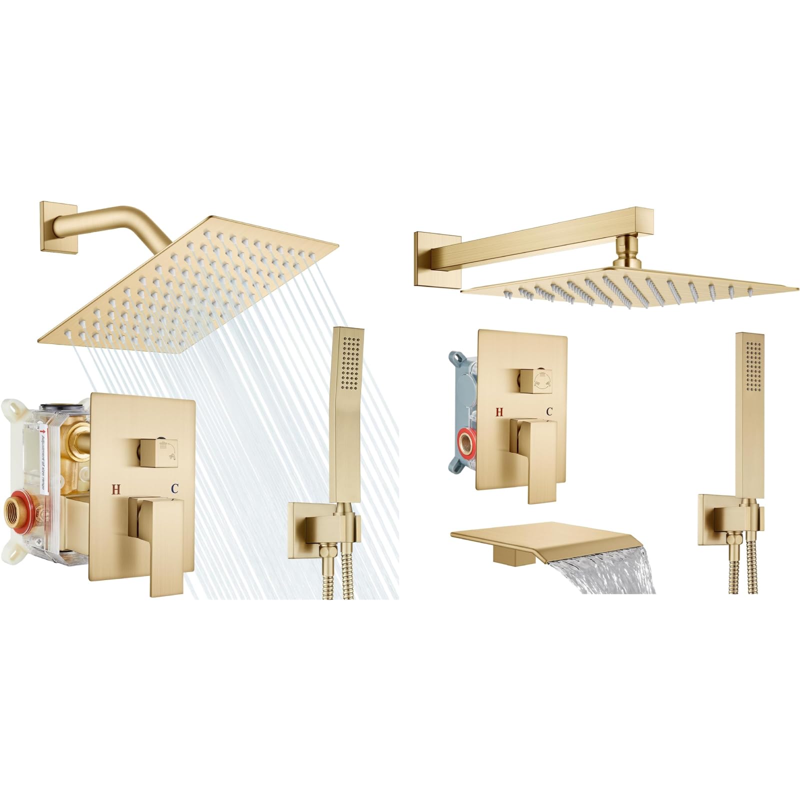 Hcfyauis Gold 8 Inch Brushed Rain Shower System Square Rainfall Showerhead With 12 Inch Brushed Rain Shower System Tub Shower Faucet Set Square Shower Head