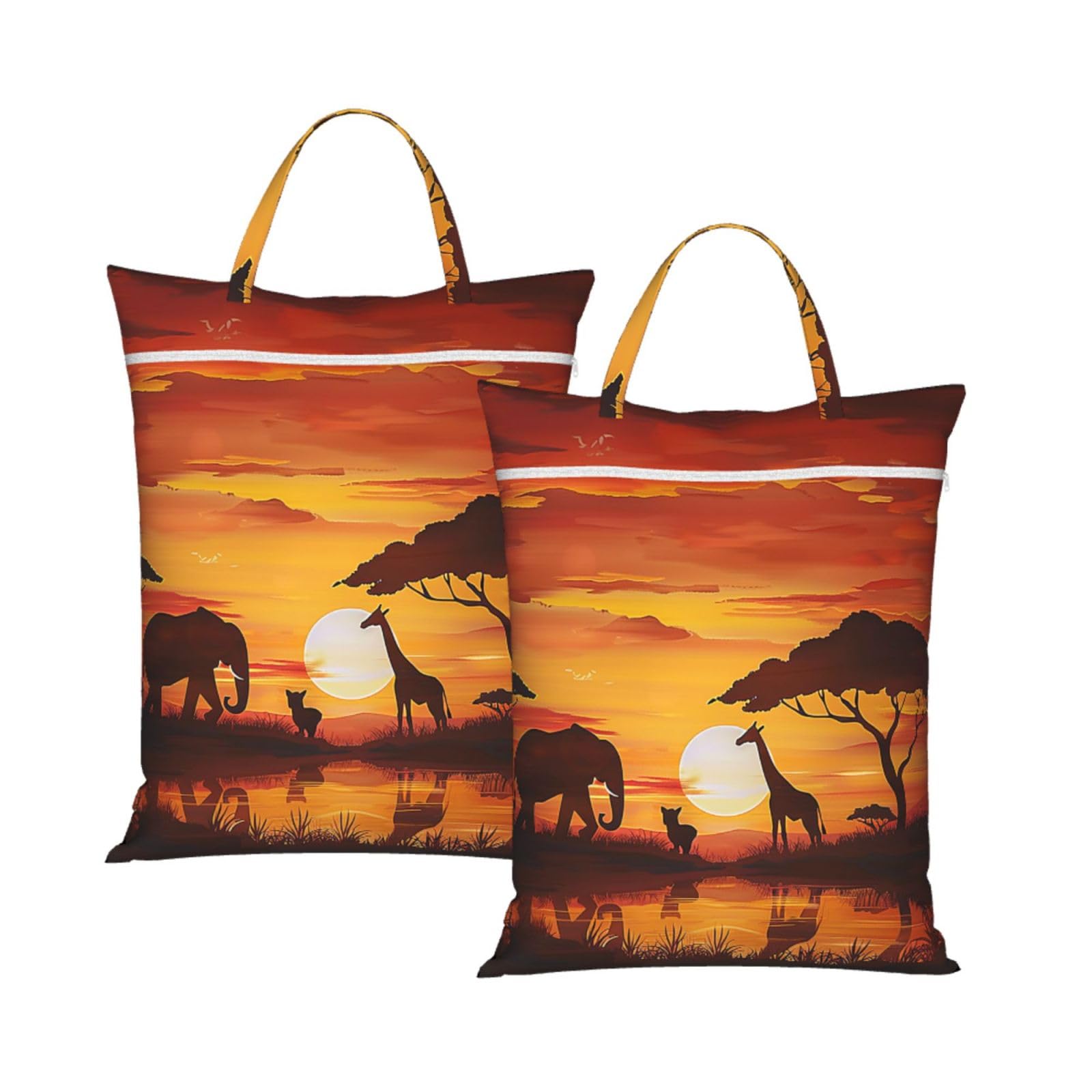 Large Travel Laundry Bags,Elephant and Giraffe in The Sunset Print with Handle Foldable Laundry Bag for Holidays Gym Swimming and Family Trips, 2Pcs