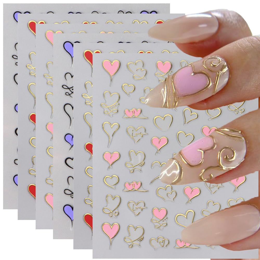 6 Sheets Heart Nail Art Stickers Bronzing Heart Nail Decals 3D Self Adhesive Valentine’s Day Nail Art Supplies Gold Red Pink Blue Heart Nail Decals