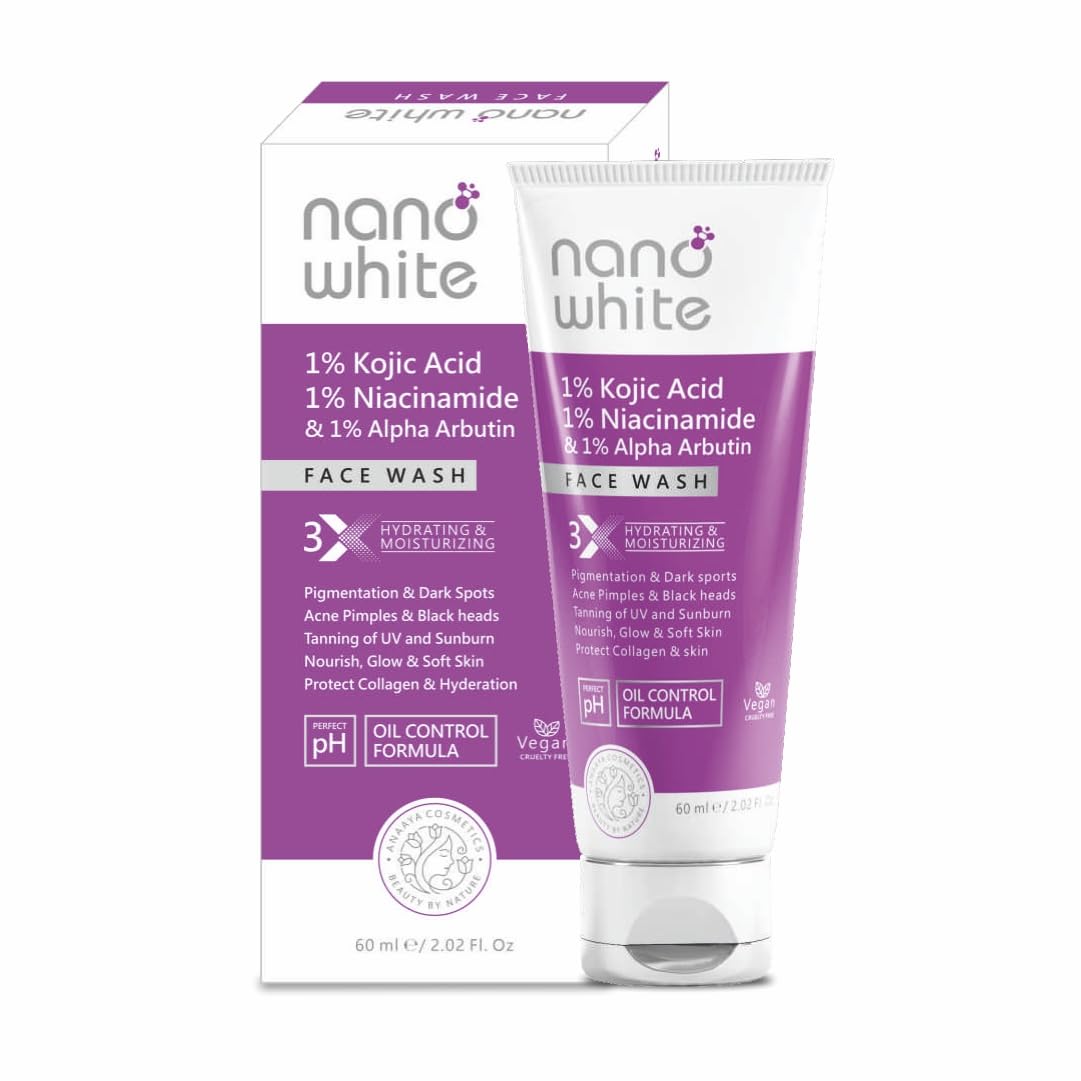 Nano White Face Wash | 1% Kojic, 1% Niacinamide & Alpha Arbutin | Reduces appearance of Fine lines, Wrinkles, & Acne Pimple |Perfect pH & Oil Control | Suitable for daily use (60 ml)