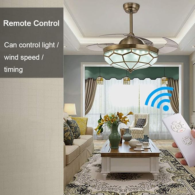 Novelty lamp Plafondventilator Licht Intrekbaar Blad 3 Kleuren Dimmen en 3 Snelheden Windsnelheid Volledige Koperen Kroonluchter voor Eetkamer Slaapkamer Woonkamer (36/42/52 Inch) photo 2