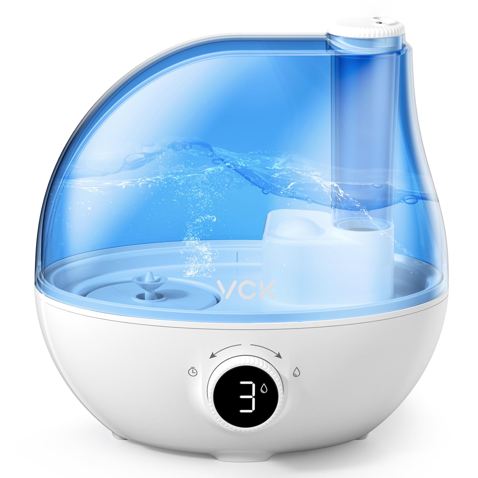 Humidifiers for Bedroom, VCK 2.3L Ultrasonic Cool Mist Humidifier with 3 Adjustable Mist Levels, 9H Timer, 360° Rotation Nozzle for Baby Nursery, Plants, Large Room Indoor Use, Small Air Humidifier