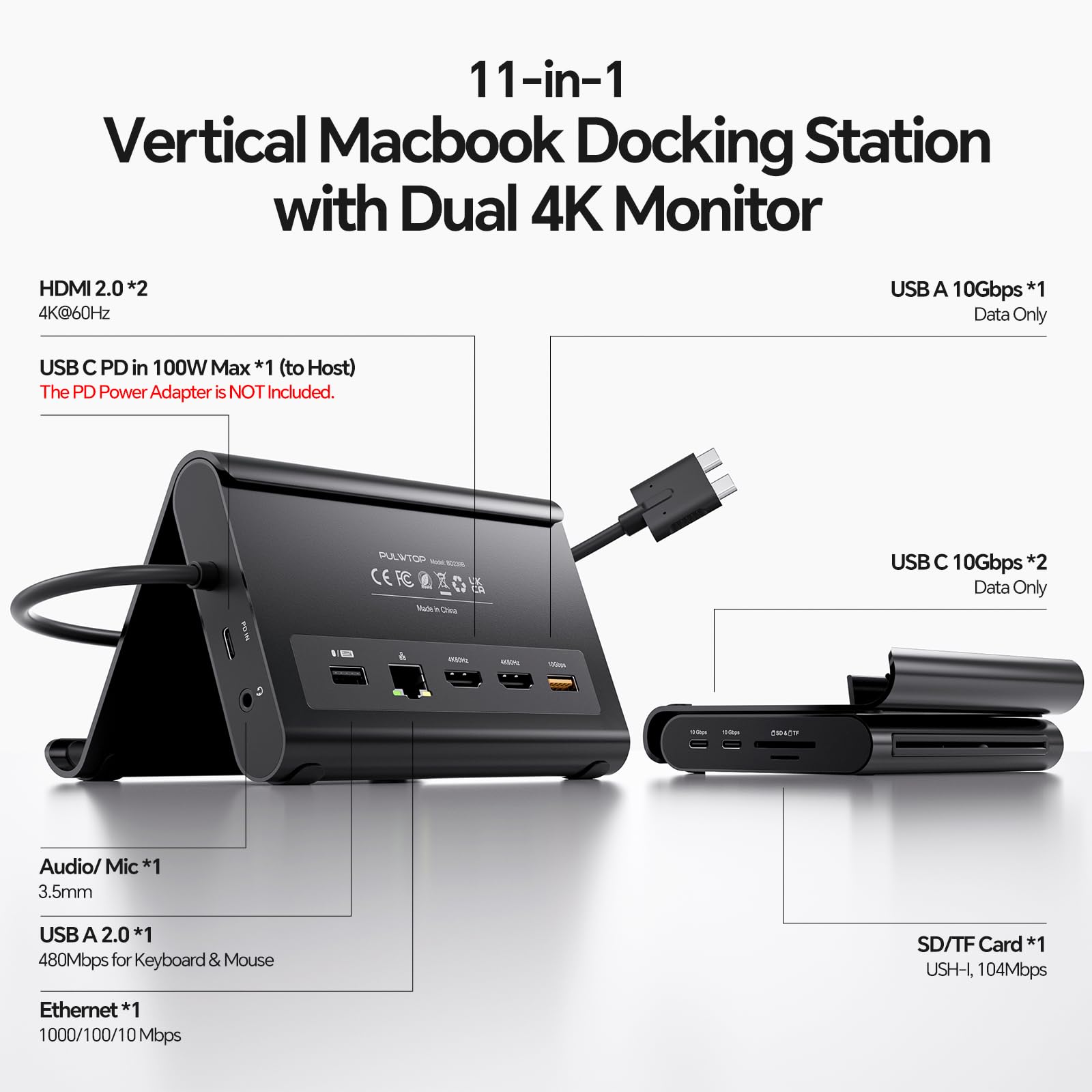 MacBook Docking Station Dual Monitor 4K@60Hz für MacBook Pro/Air M3/M4/M5, USB C Docking Station Stand mit 2 HDMI, 100W PD, Ethernet, 10Gbps USB A/C, Audio, SD/TF, USB 2.0(Not for Windows)