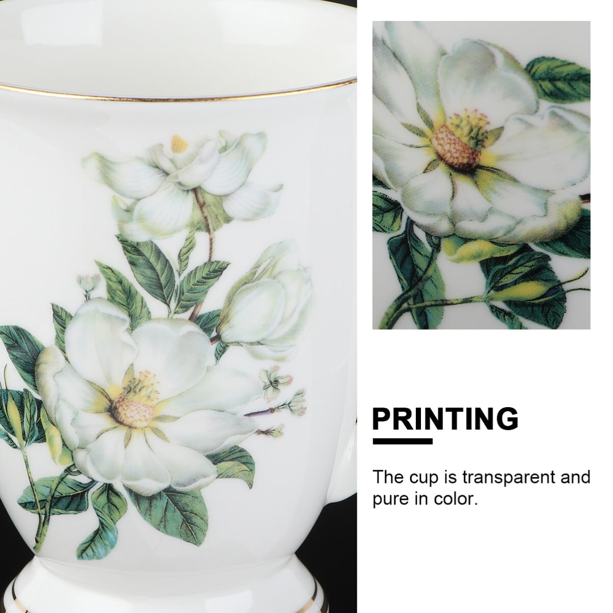 HEMOTON Gold Rim Bone China Mug 11Oz Fine Porcelain Coffee Cup with Floral Pattern Ergonomic Handle for Home Office Tea Cappuccino - Image 4