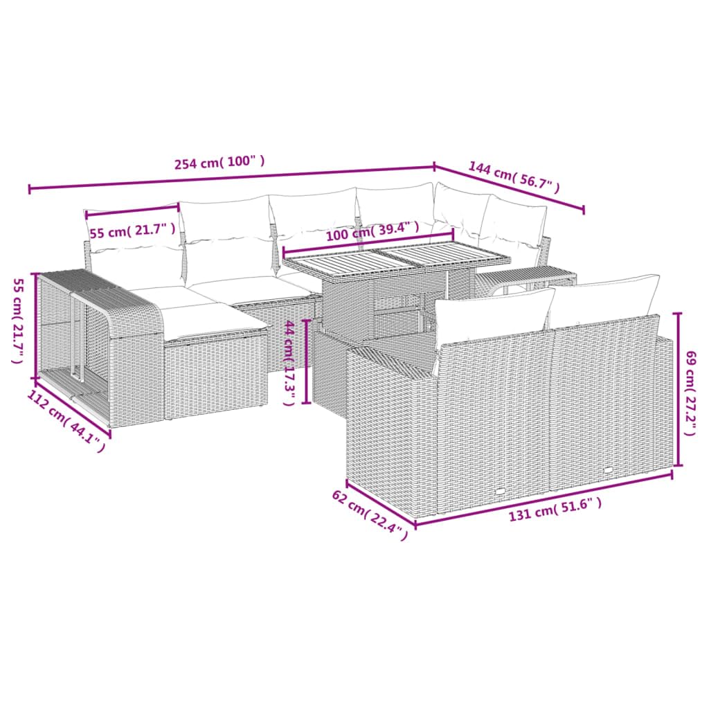 Set di divani da giardino da 11 pezzi, colore nero, con cuscini, in polyrattan, set lounge per terrazza, balcone e giardino d'inverno, resistente alle intemperie, modulare, con tavolo