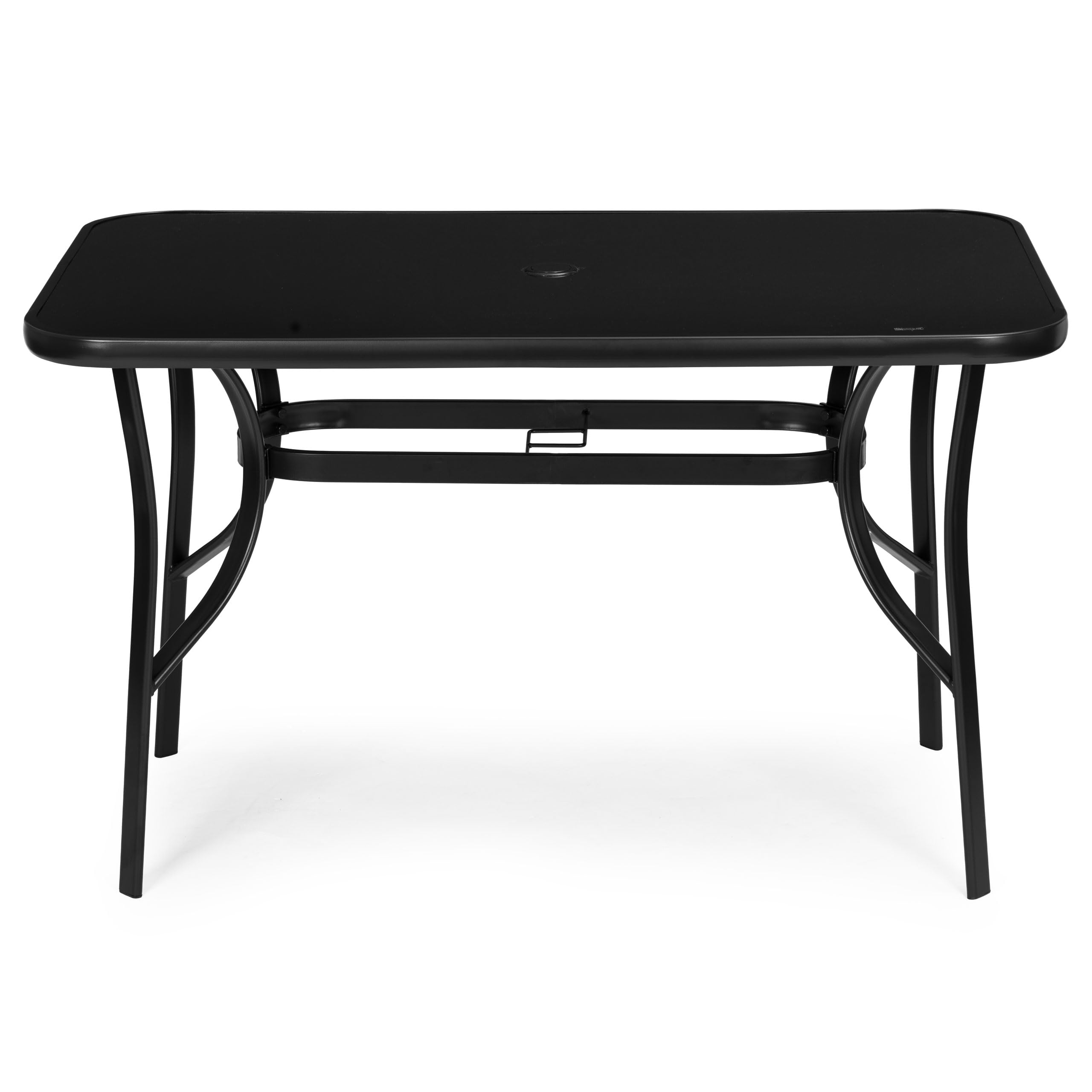 Mesa de jardín de 120 x 70 cm con tablero de cristal templado, mesa de terraza con orificio para sombrilla, mesa rectangular para balcón, mesa de exterior de acero