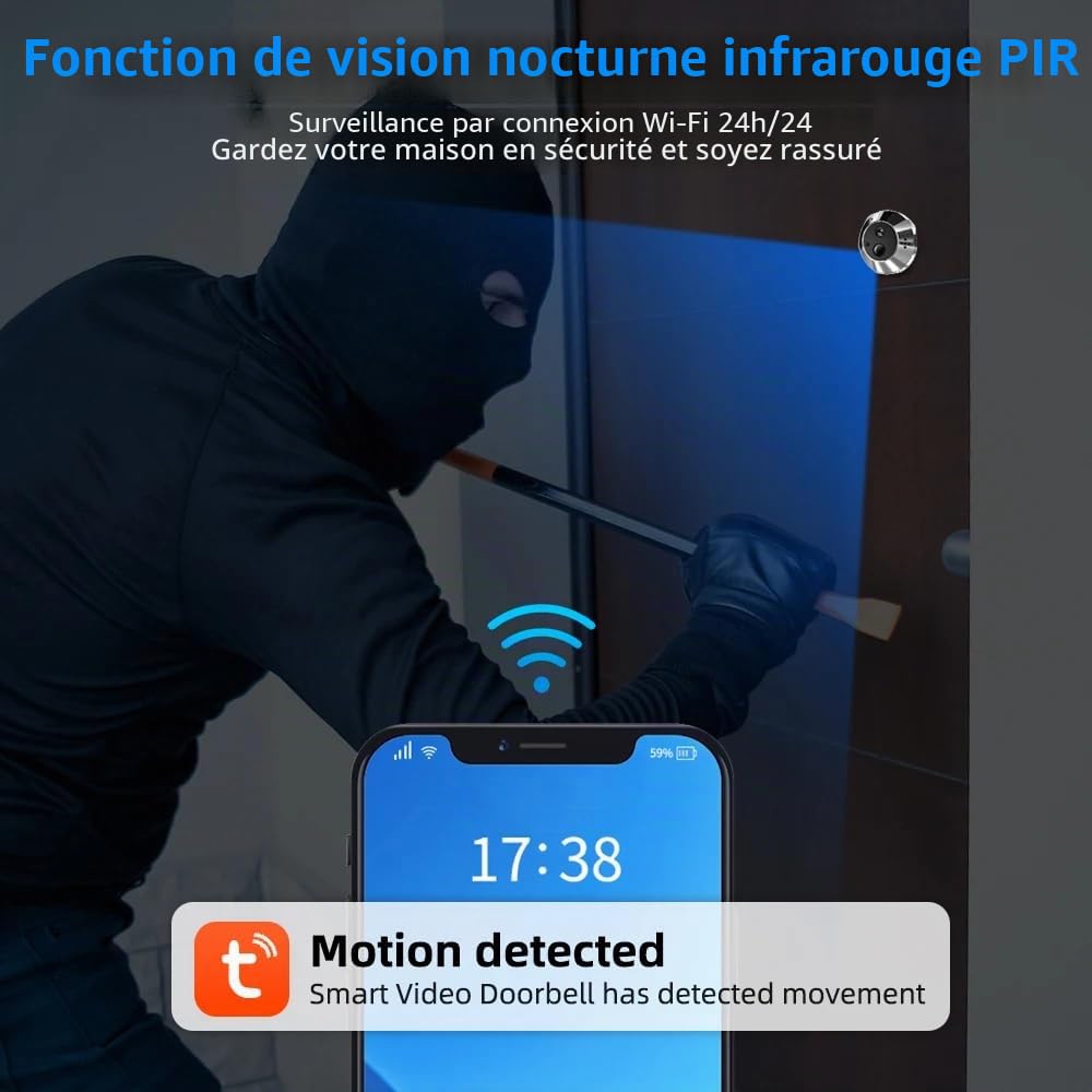 A1 Audio bidirectionnel, judas numérique à batterie 3,0 MP avec microSD de 32 Go, judas vidéo sans fil avec écran couleur de 4,3 pouces, caméra de porte, angle 140°, détection de mouvement PIR