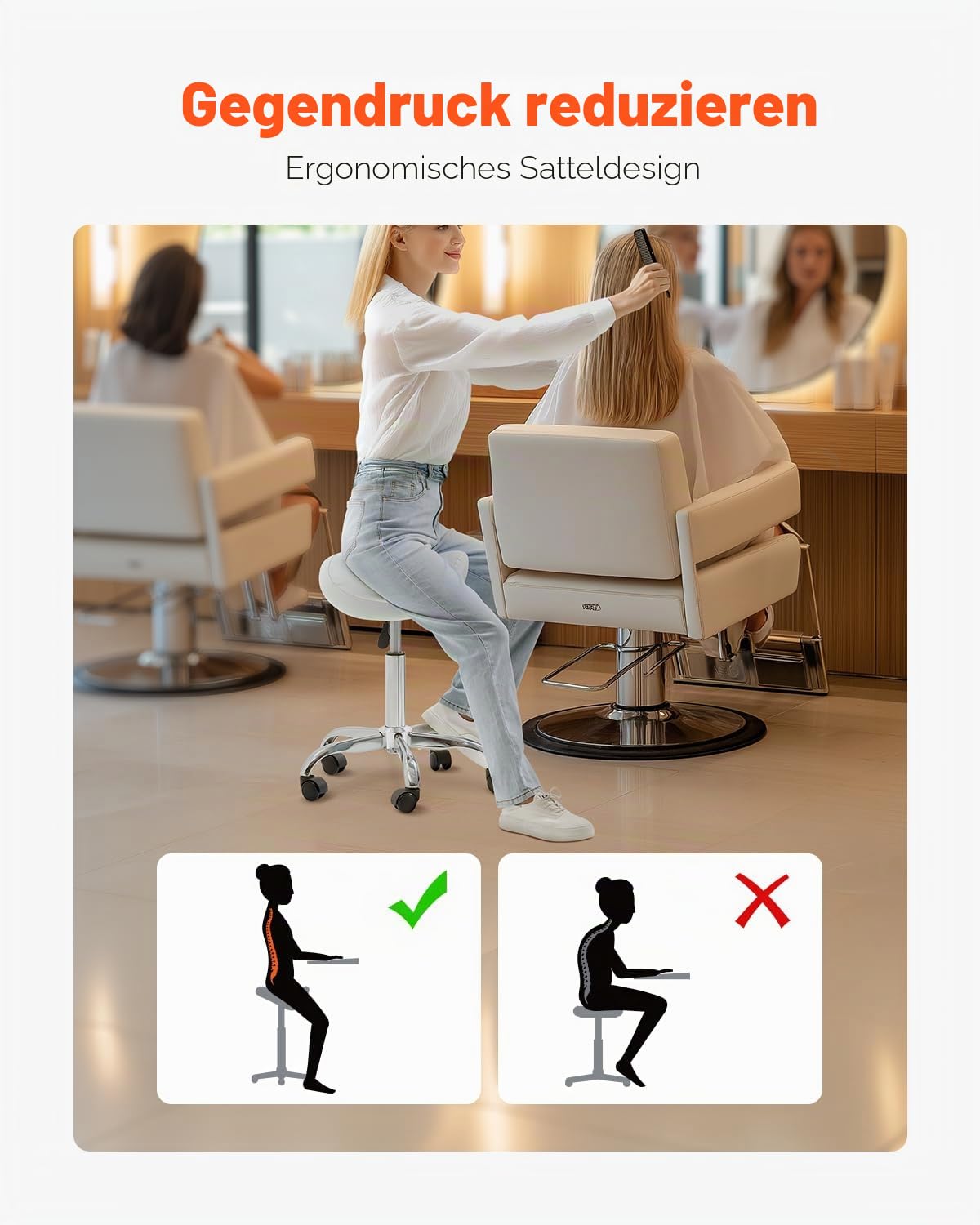 VEVOR Sattelhocker Rollhocker 204 kg belastbarer höhenverstellbarer (55-71 cm) Drehhocker Arbeitshocker, ergonomischer verdickter PU-Leder-Drehsattelstuhl für Salon Spa Massage Klinik, Weiß