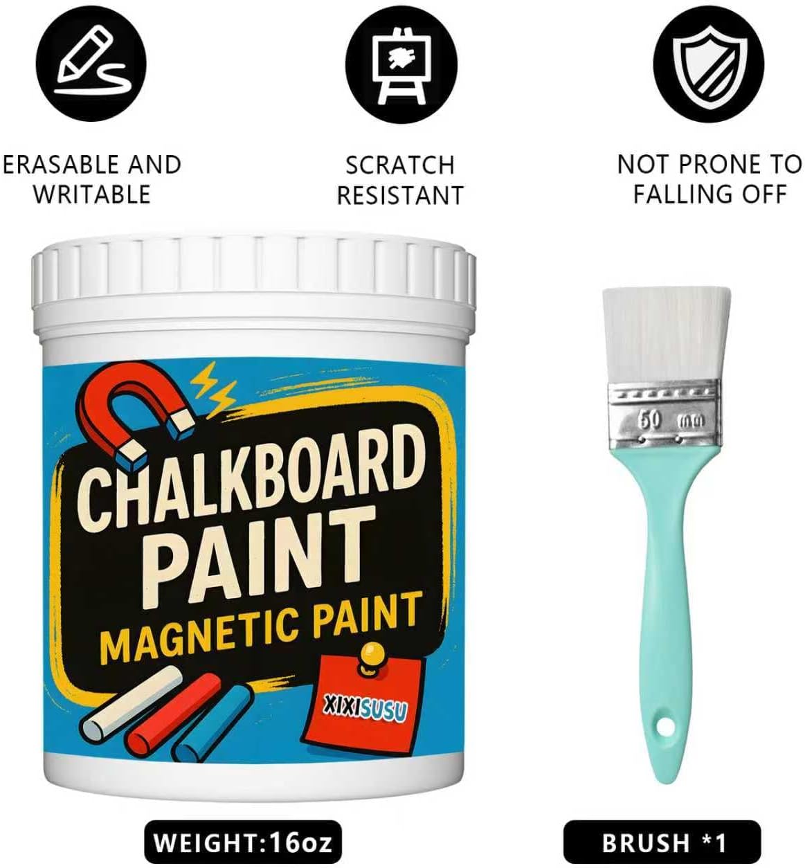 Magnetic Chalkboard Paint (16 Oz) - Blackboard Paint For Walls, Glass, Metal, Wood - Turns Any Surface Into Writable Magnetic Chalk Board | Non-Toxic | Matte Finish | Cover 35 Sf (Black, 16 Fl.Oz)