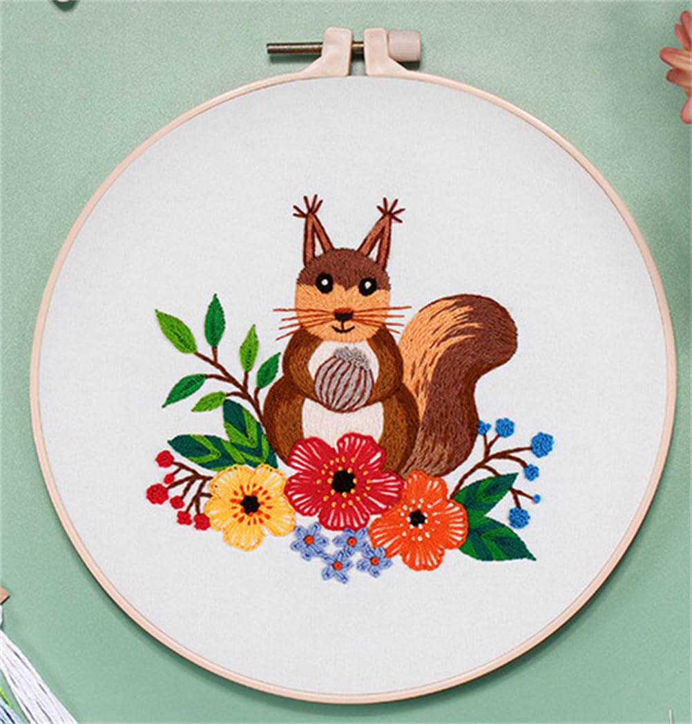 Meecaa Squirrel Animal Flower Embroidery Kit Starter Set, Hand Embroidery Set,Pattern Printed Cross Stitch Set for Beginner Adults, with Embroidery Hoop and Instructions (Squirrel)