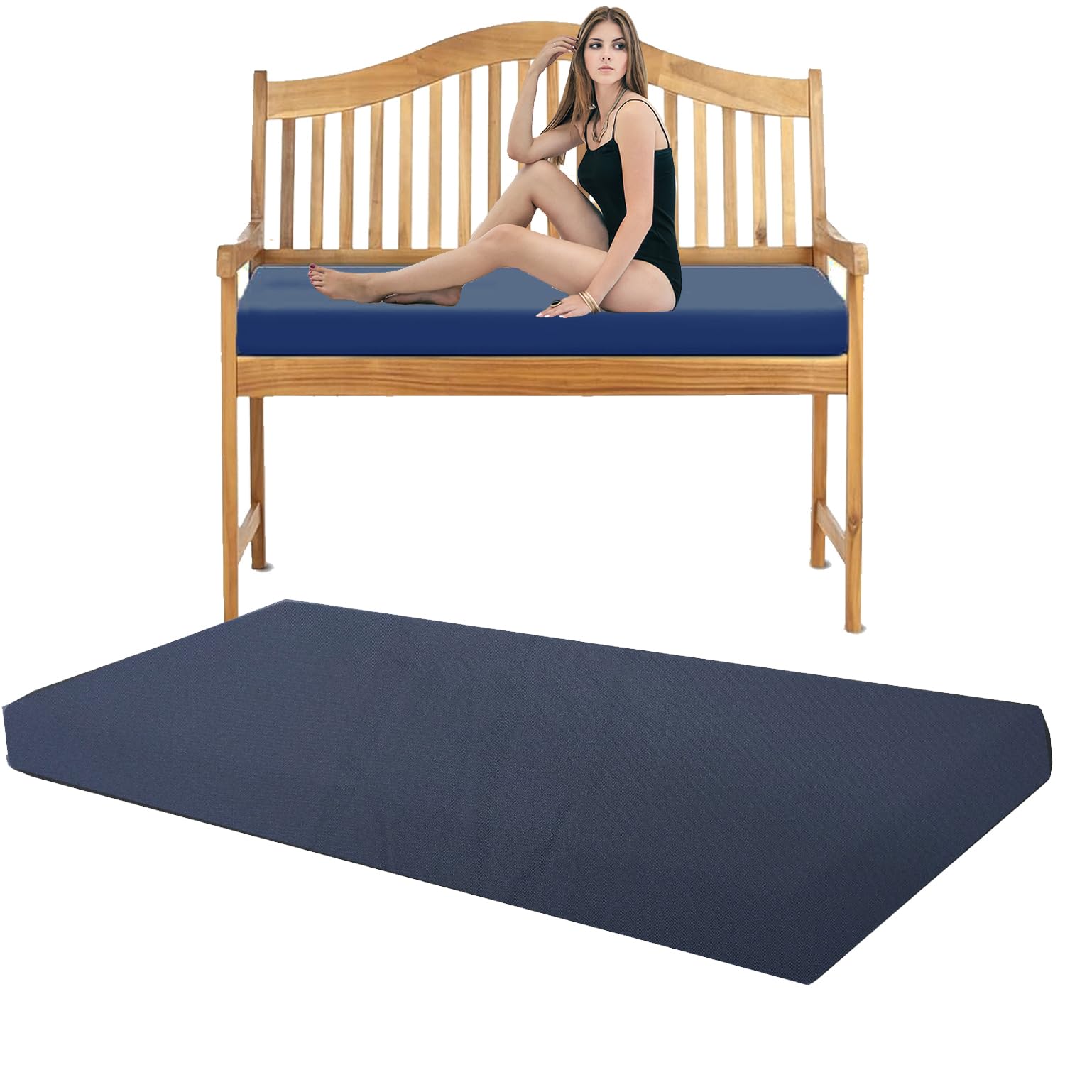 Pinkfairy Garden Bench Seater Outdoor Furniture Rattan Sofa Patio Cushion Sun Lounger Swing Chair Indoor Cushions Floor Seat Rectangle Large Foam Pad (Navy, 3 Seater 143cm x 52cm x 6cm)