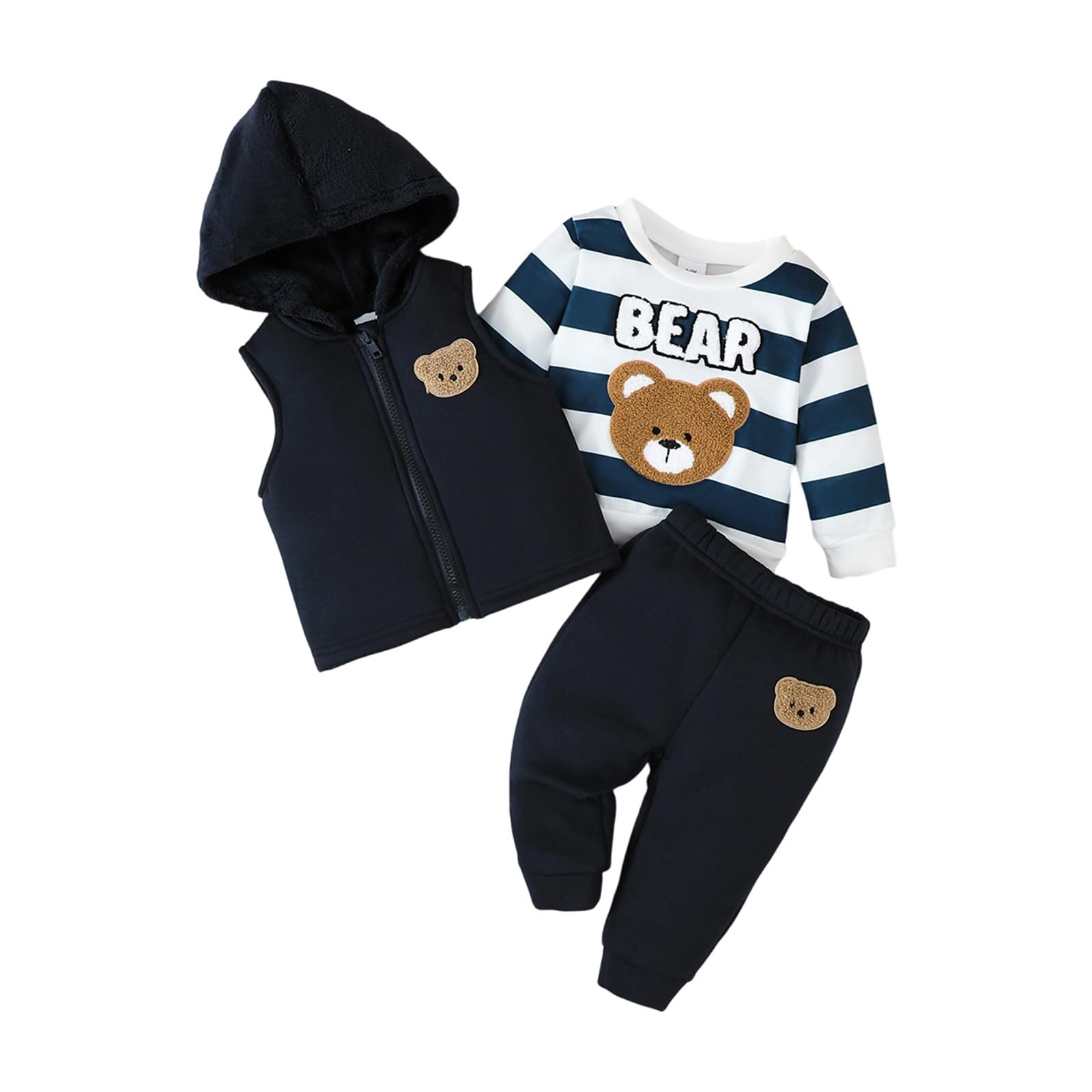 Carolilly Ensemble 3 pièces pour bébé garçon avec veste à capuche + t-shirt rayé ours + pantalon - Vêtements d'hiver pour enfants (6 mois à 3 ans)