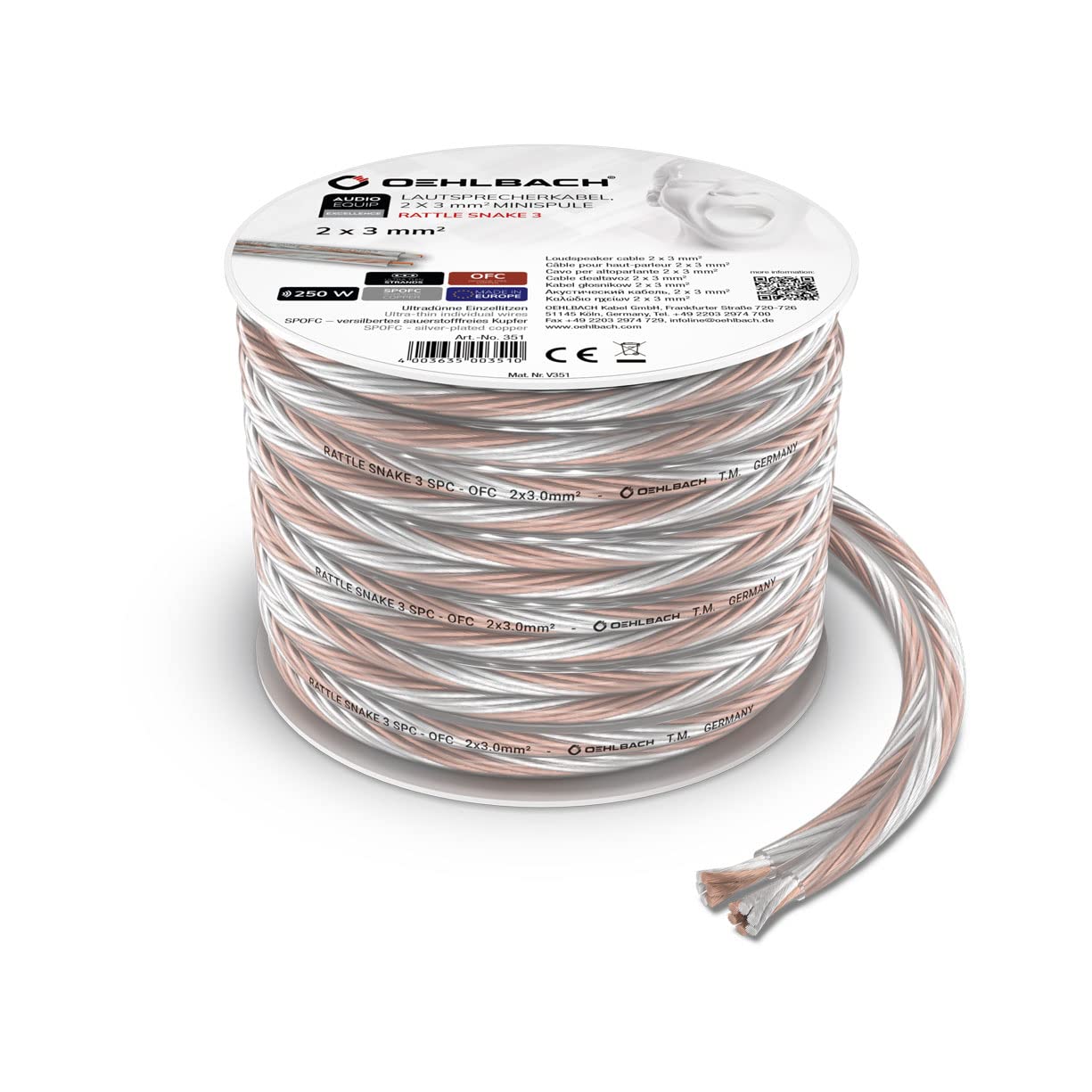 Oehlbach Rattle Snake 3 SP – Cavo audio stereo HI-FI di alta qualità con OFC e rame senza ossigeno argentato, prodotto in Germania, 2 x 3 mm², mini bobina da 8 m