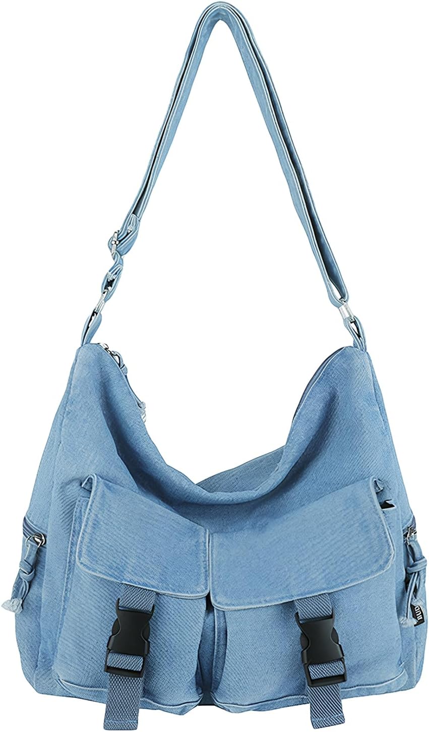 Denim Messenger Bag Large Crossbody Tote Bag Lightweight Jean Purse Women Hobo Shoulder Bag for School,Travel