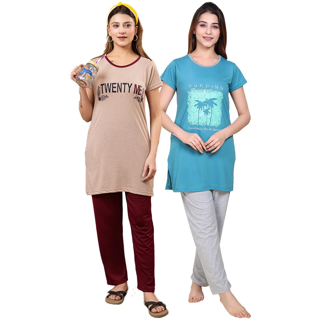 twenty me Women's Cotton Printed Night Suit Set | Pack of 2 Stylish T-shirt & Pajama Combo for Women | Summer Loungewear Nightwear Set-picture-0