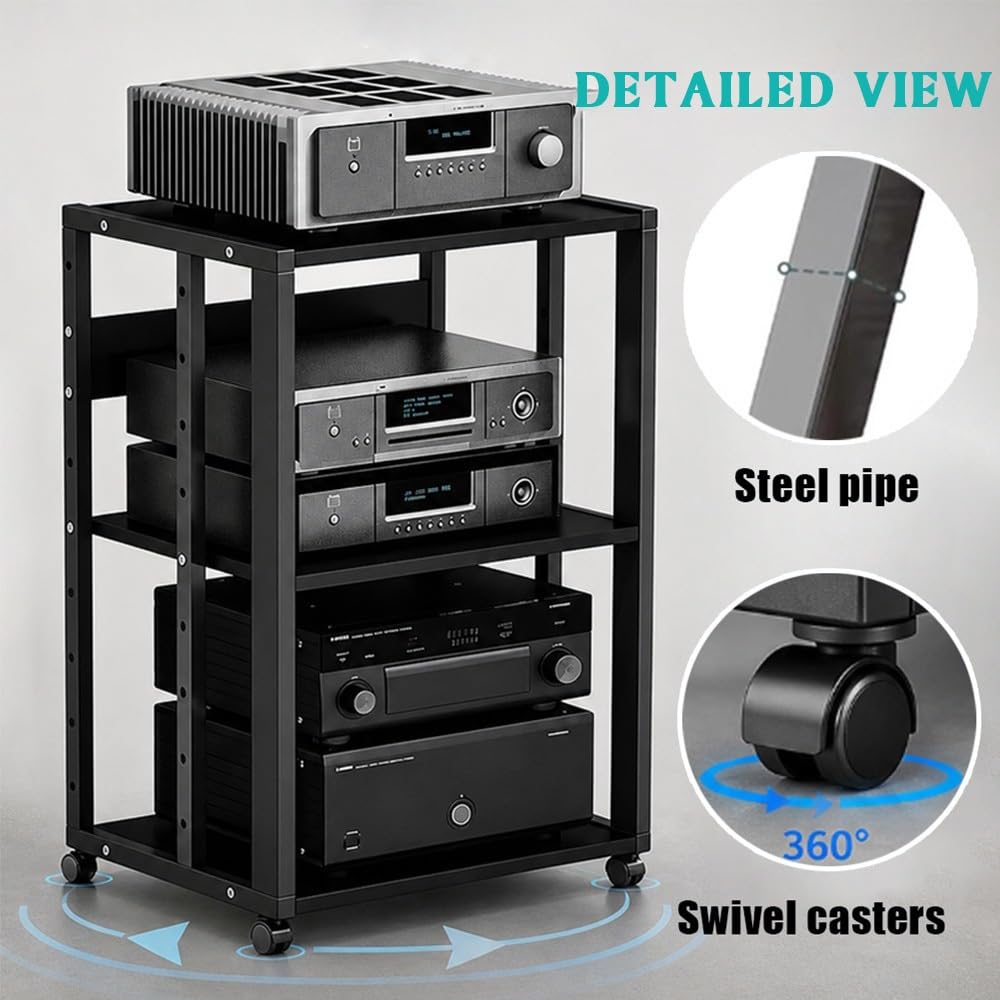 Soporte multimedia AV de 3, 4 o 5 niveles, estante de audio móvil, soporte giratorio de altura ajustable, estante de madera, estante estéreo, armario de almacenamiento multimedia (negro, 3 niveles)