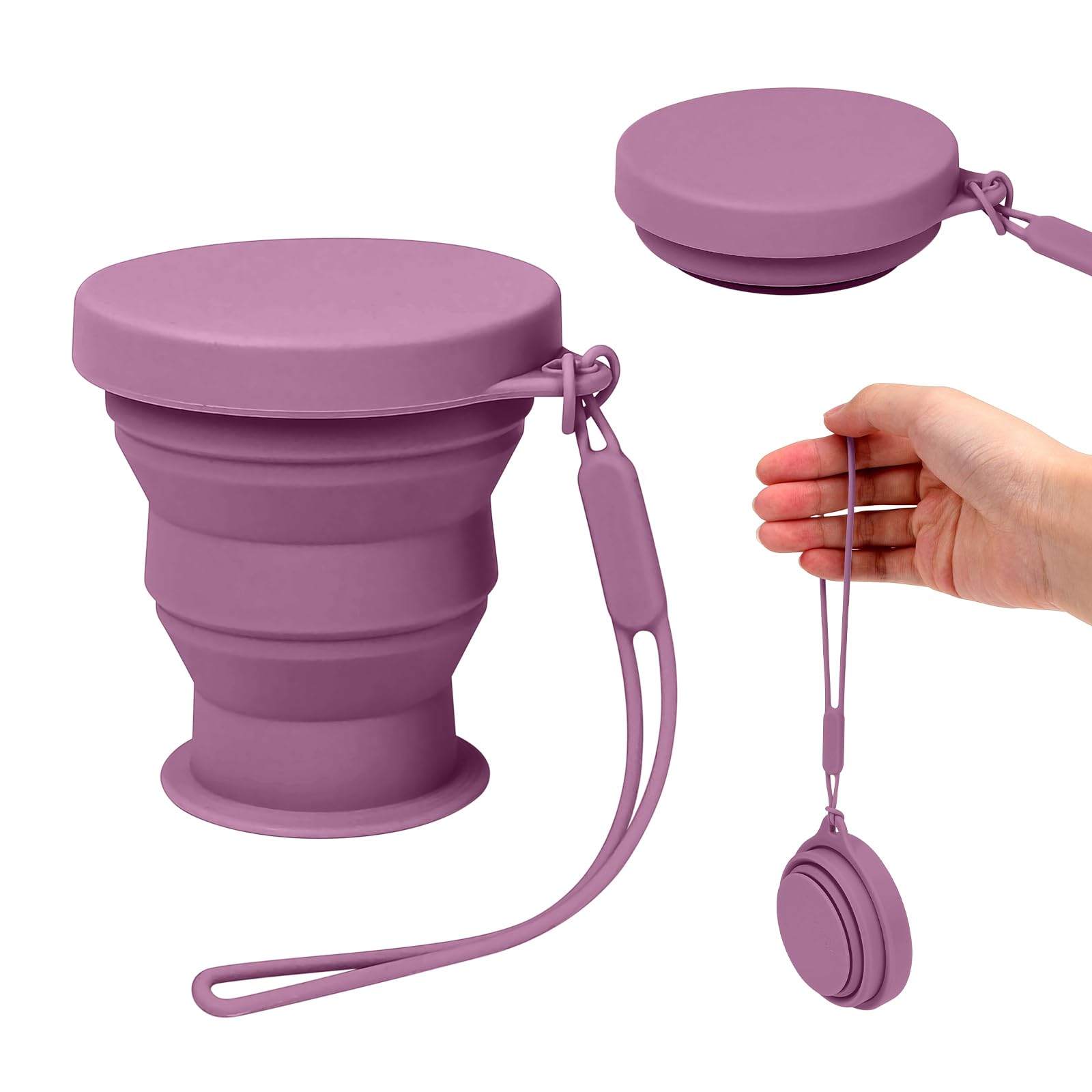 2 Pack Silicone Collapsible Travel Cup,Foldable Camping & Collapsible Coffee Cup,Expandable Silicone Drinking Mug with Lid,BPA Free Portable Pocket Cup for Hiking Travel Outdoor (Dark purple)